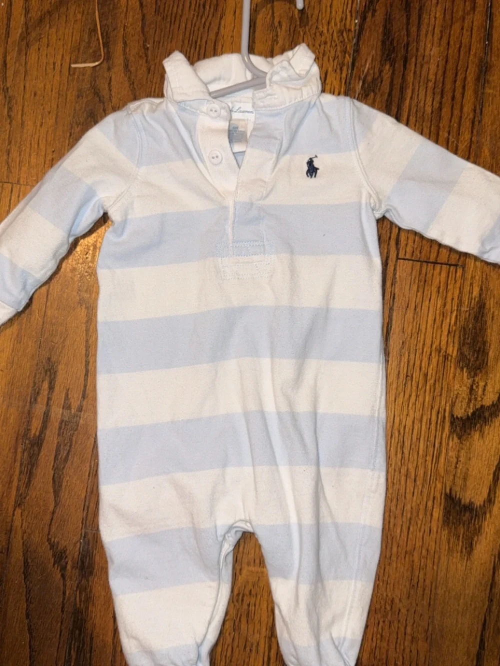 Ralph Lauren Light Blue & White Striped Footed One-Piece
